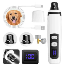Pet nail grinder with white body, black grip, digital display, and diamond grinding head