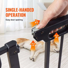 Black baby gate door latch operated with one hand, near pet