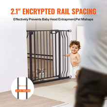 Black baby gate with narrow rail spacing to help prevent head entrapment
