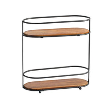 Two-tier vanity organizer with black metal frame and round wood shelves