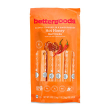 Bettergoods hot honey beef sticks bag, orange front with label and stick lineup