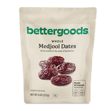Front of whole Medjool dates bag with dried dates and preservative-free badges