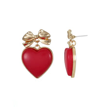 Heart and bow earrings with red heart drops and gold-tone bow accents