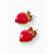 Pair of red heart drop earrings with gold-tone bows and straight posts