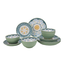 Green and blue floral dinnerware set, stacked plates with matching bowls
