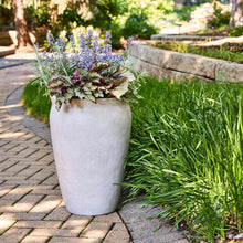 Light gray speckled gypsum planter with purple flowers and green foliage outdoors