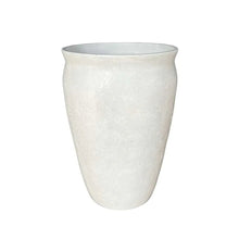Light gray speckled gypsum plant pot with flared rim and tapered shape