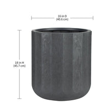 16 in diameter resin planter with textured dark gray cylindrical body and open top