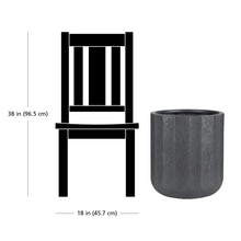 Textured resin planter cylinder, dark gray finish and open center, shown with size guide