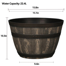 Whiskey barrel resin planter with wood-grain bands; height and width diagram