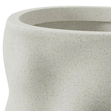 White speckled resin planter side with rounded, curved shape