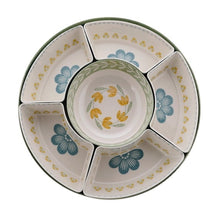 Floral 5-compartment bamboo melamine chip and dip tray with blue and yellow motifs