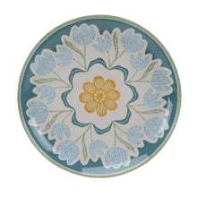 Bamboo melamine dinner plate with blue floral ring and yellow center flower, green border