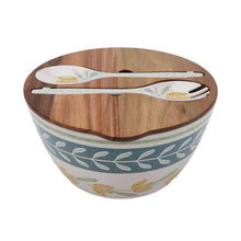 Floral salad bowl with acacia-style lid, bamboo melamine look and leaf-and-flower design.