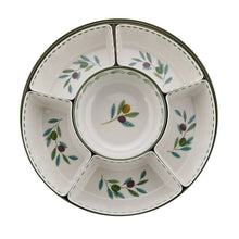 Bamboo melamine chip and dip tray with olive leaf print and 5 compartments