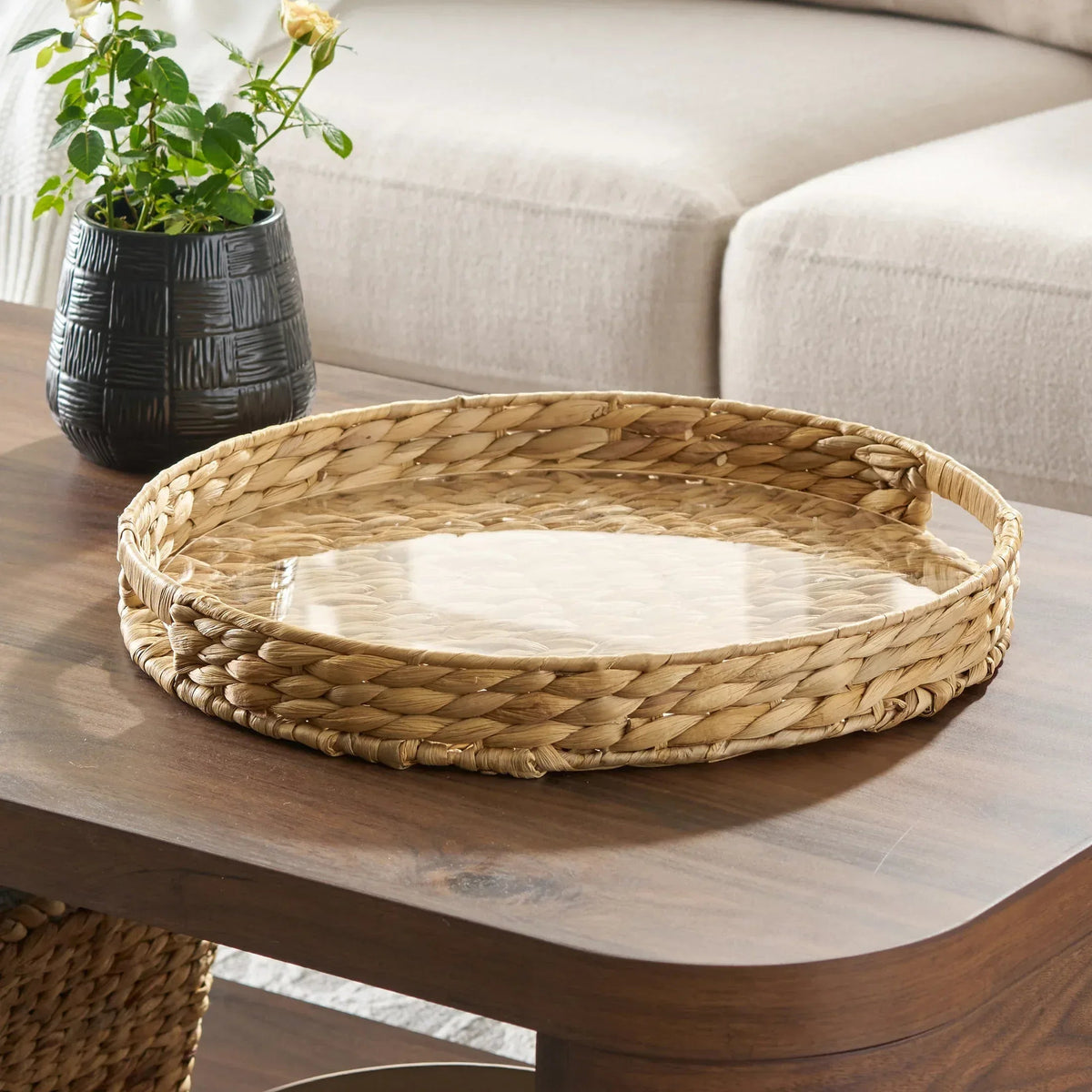 Better Homes & Gardens 16-Inch Natural Water Hyacinth Decorative Tray with Clear Acrylic Insert, 1 Count
