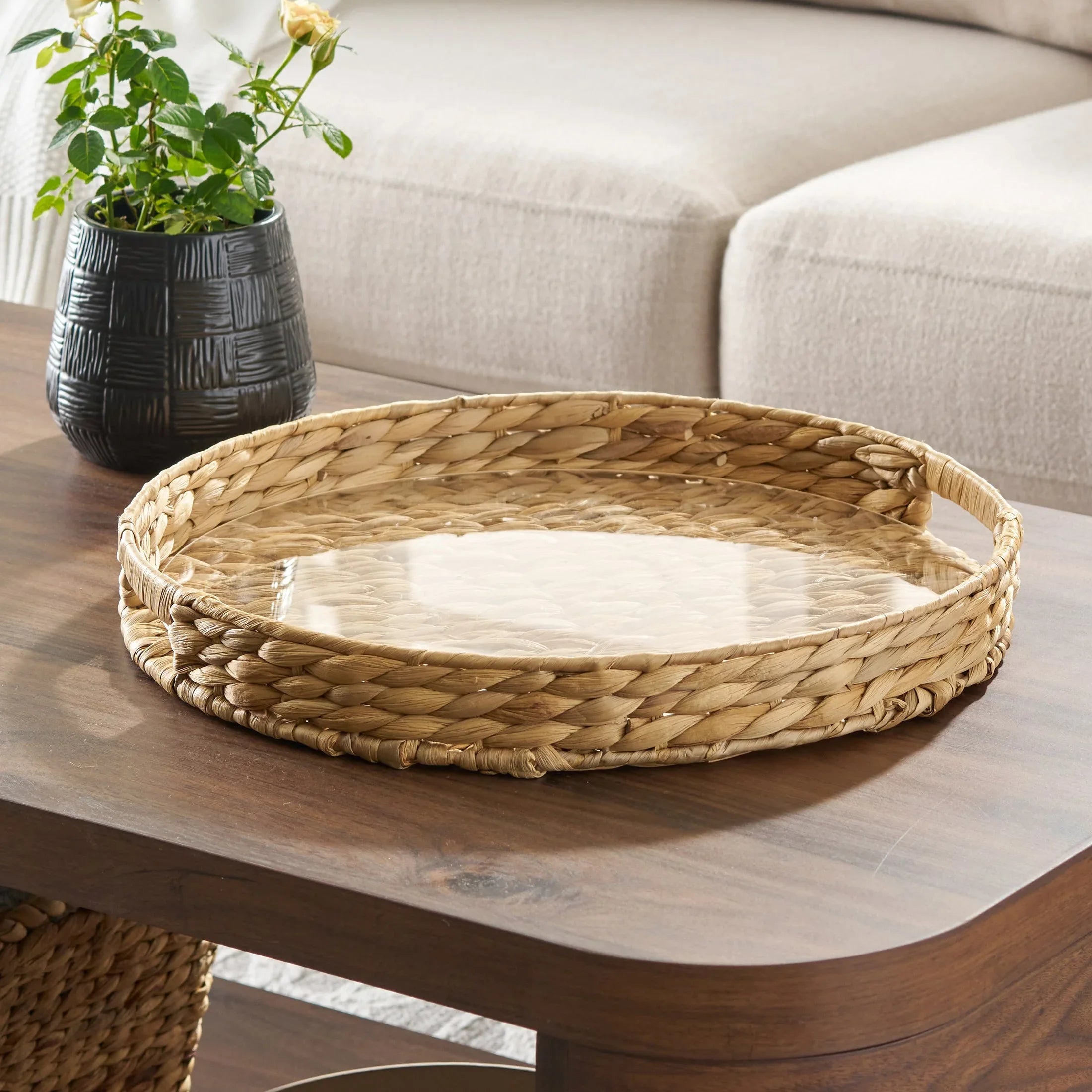 Better Homes & Gardens 16-Inch Natural Water Hyacinth Decorative Tray with Clear Acrylic Insert, 1 Count - USA MEGA SHOP