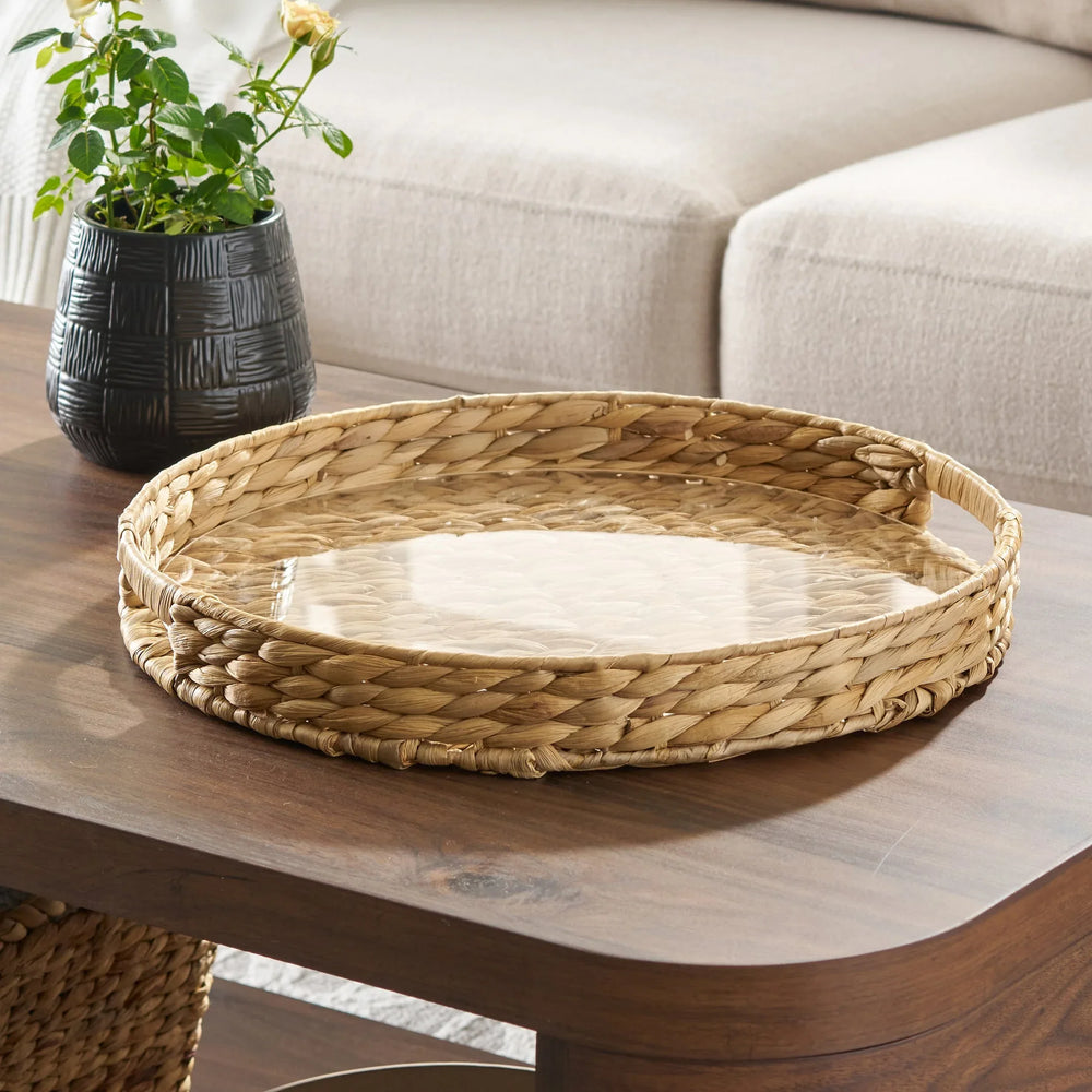 Better Homes & Gardens 16-Inch Natural Water Hyacinth Decorative Tray with Clear Acrylic Insert, 1 Count - USA MEGA SHOP