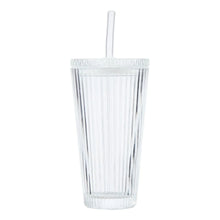 Ribbed glass tumbler with flat glass lid and clear straw, 21 oz capacity.