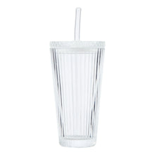 Ribbed glass tumbler with straw and glass lid, clear