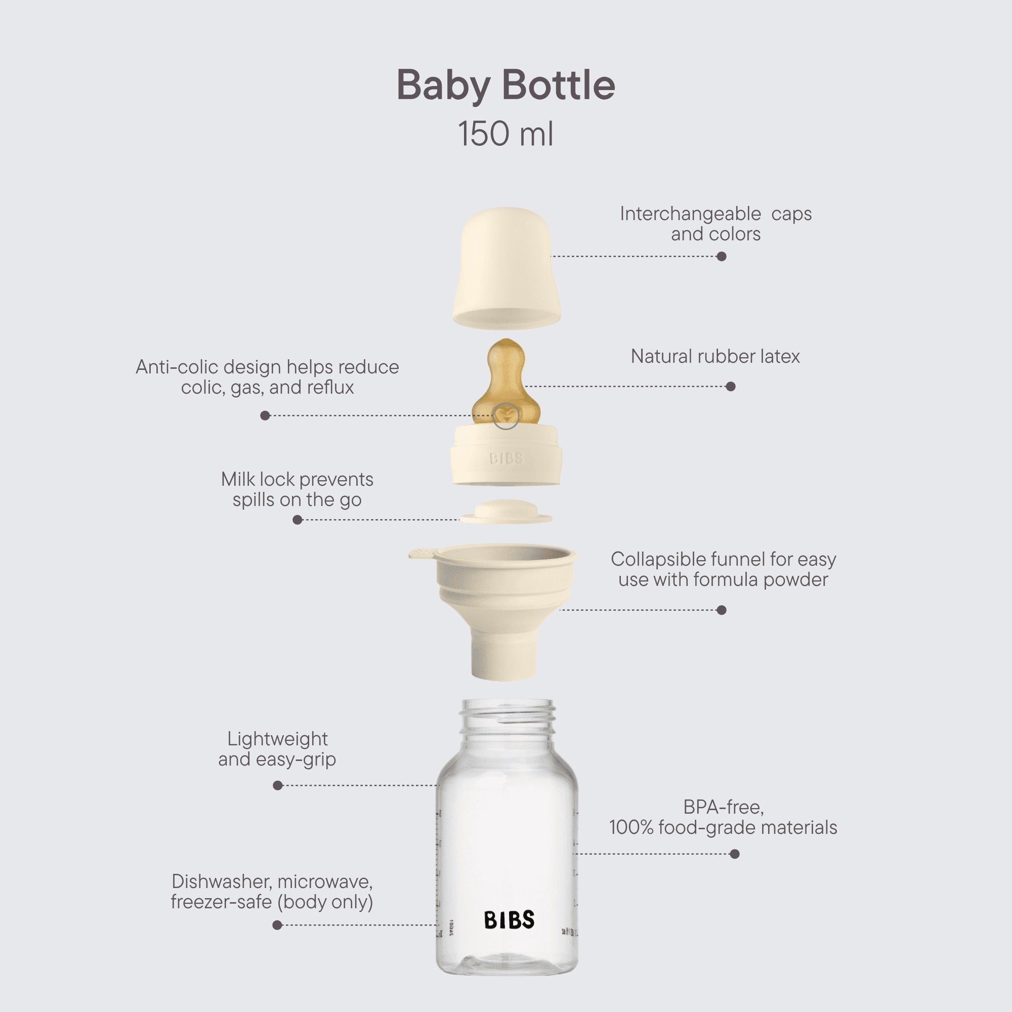BIBS Baby Bottles with Slow Flow Silicone Nipple, Ivory, 5 oz, 2 pack