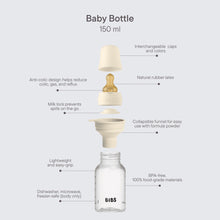 Ivory baby bottle and parts diagram with anti-colic design callouts