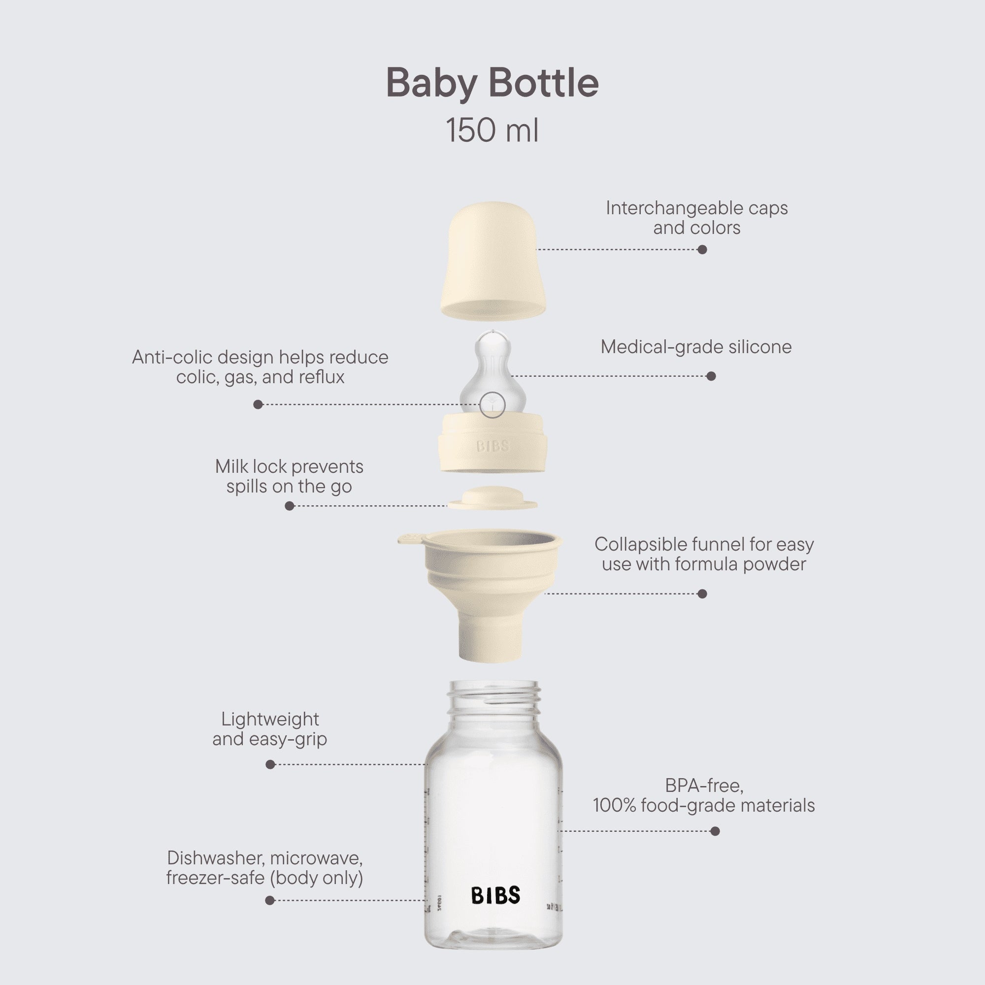 BIBS Baby Bottles with Medium Flow Silicone Nipple, Ivory, 9 oz, 2 pack