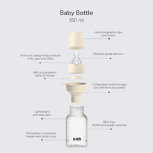 Ivory BIBS baby bottle with silicone nipple in diagram, 150 ml capacity