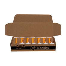 Open carton display of 52 men's disposable razors with orange handles