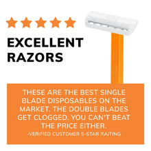 Single blade disposable razor with orange handle and white head