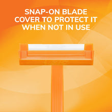 Disposable razor with snap-on blade cover, orange handle and white head