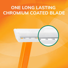 Disposable razor head close-up with white cartridge and orange handle
