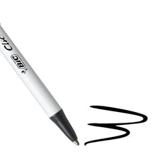 Retractable ballpoint pen with white barrel and black tip, BIC logo visible