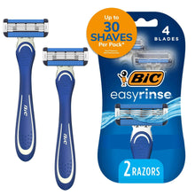 Men's disposable razor set with blue handle, 4-blade cartridges, includes 2 razors
