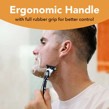 Ergonomic manual razor with rubber grip, held near the cheek