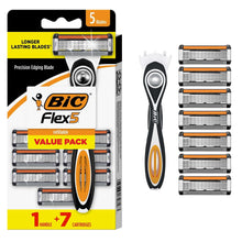 Refillable manual razor value pack with 5-blade handle and 7 cartridge refills