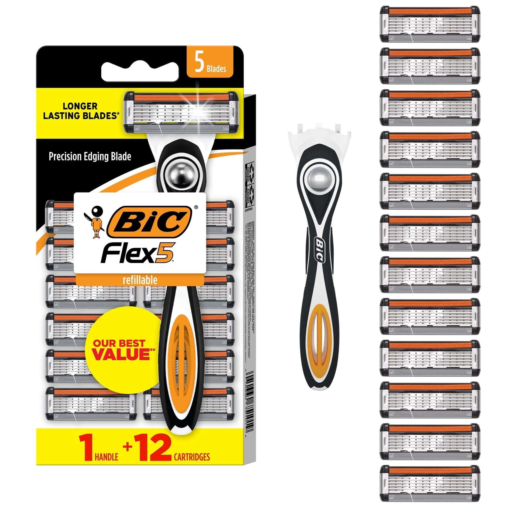BIC Flex 5 Men's Refillable Razors, 5-Blades, 1 Handle, 12 Cartridges