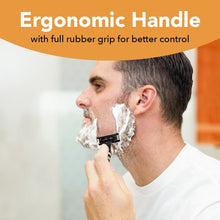Ergonomic-handled disposable 5-blade razor during shaving with full rubber grip