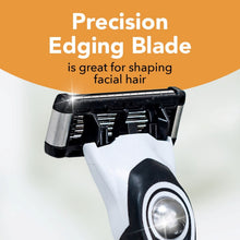 Precision edging blade on refillable razor cartridge for shaping facial hair
