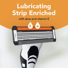 Refillable razor cartridge with lubricating strip enriched with aloe and vitamin E