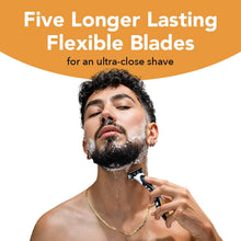 Men's refillable razor with flexible five-blade head for close shaving