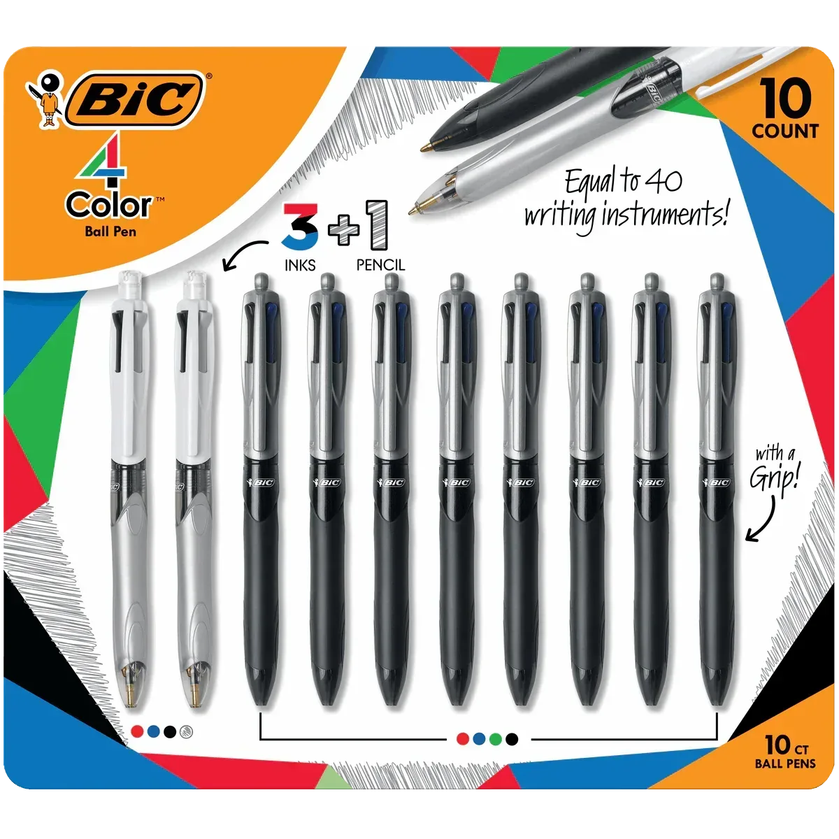 BIC Grip 4 Color Ball Pens with 3 Color + Pencil Set, 10-count