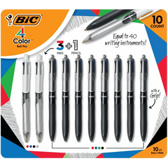 BIC Grip 4 Color Ball Pens with 3 Color + Pencil Set, 10-count