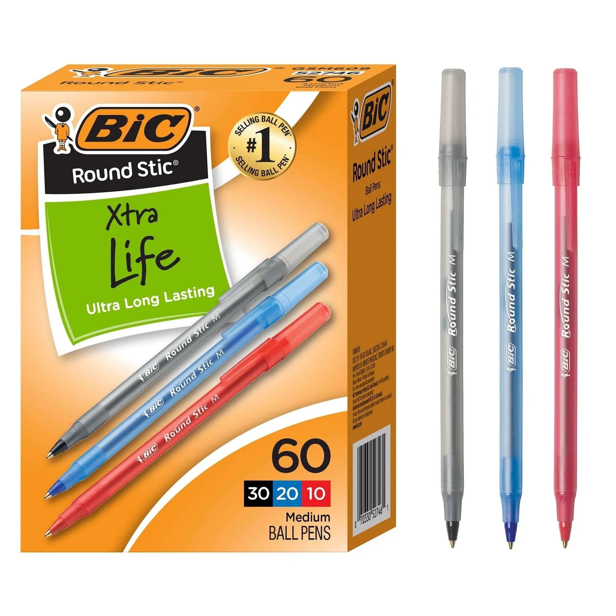 BIC Round Stic Xtra Life Ballpoint Pen, Medium Point 1.0 mm,  60 Pack