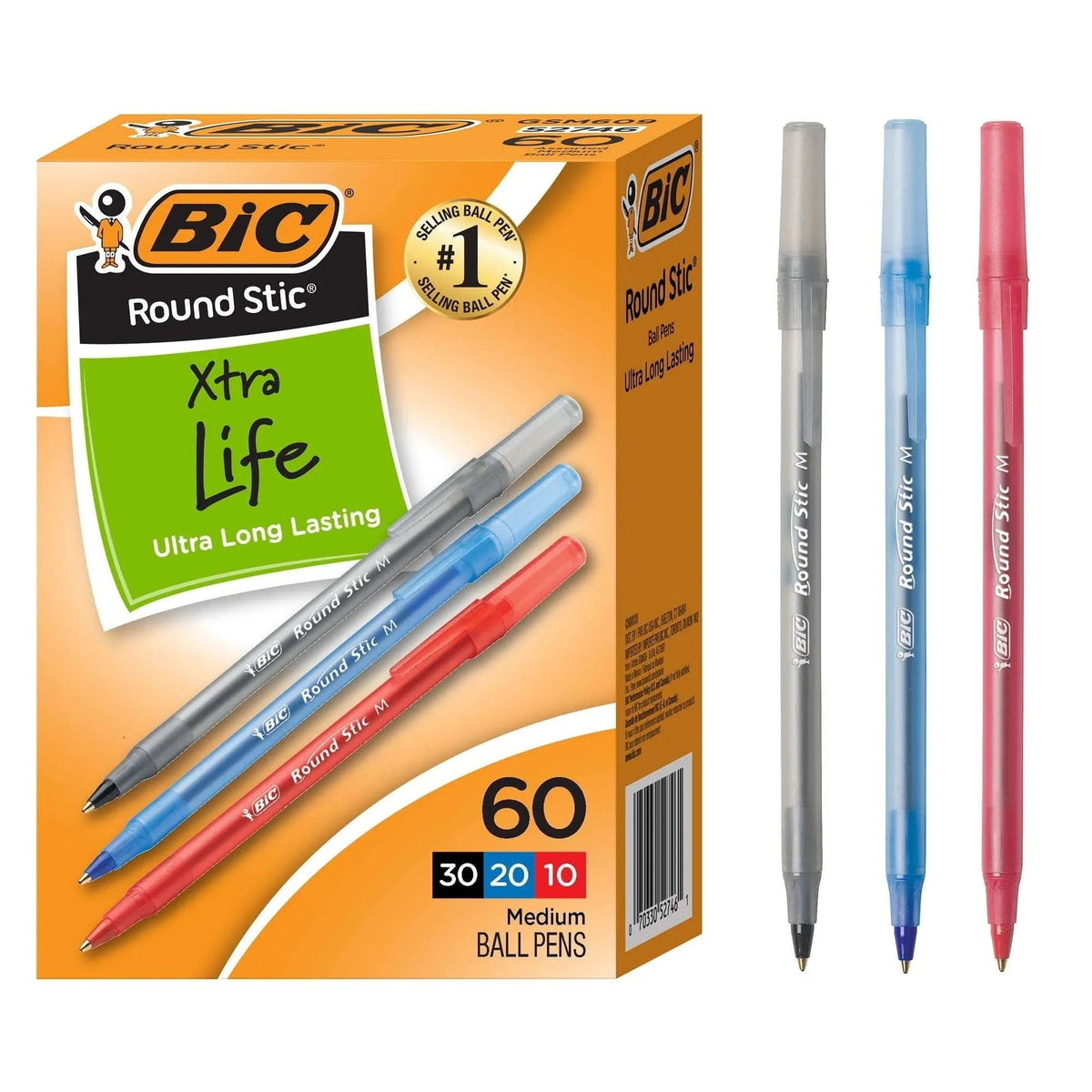 BIC Round Stic Xtra Life Ballpoint Pen, Medium Point 1.0 mm,  60 Pack
