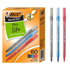BIC Round Stic Xtra Life Ballpoint Pen, Medium Point 1.0 mm,  60 Pack