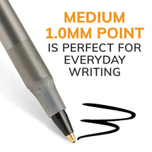 Ballpoint pen with medium 1.0 mm point on grey barrel, close-up