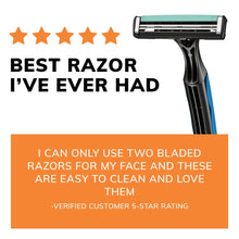 Black and blue two-blade disposable razor with blade cartridge