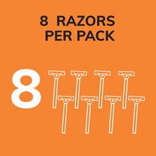 8-count disposable razor pack with multi-razor lineup graphic