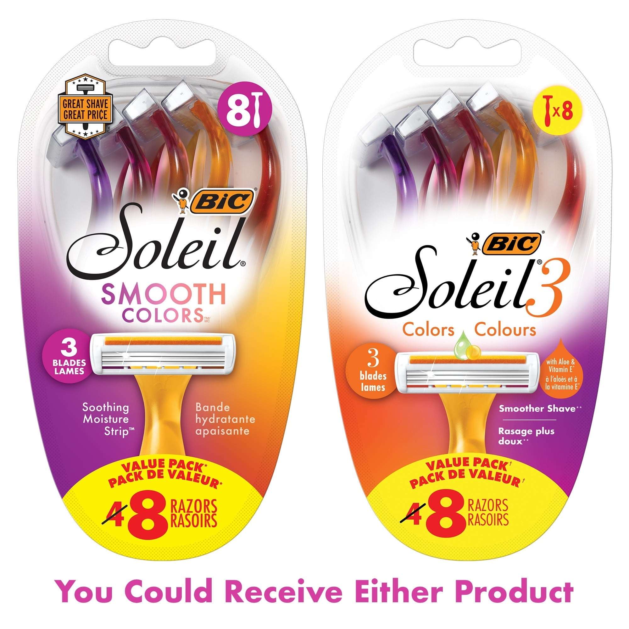 BIC Soleil 3 Colors Women's Razors, Colorful Handles, 3 Blades, 8 Count